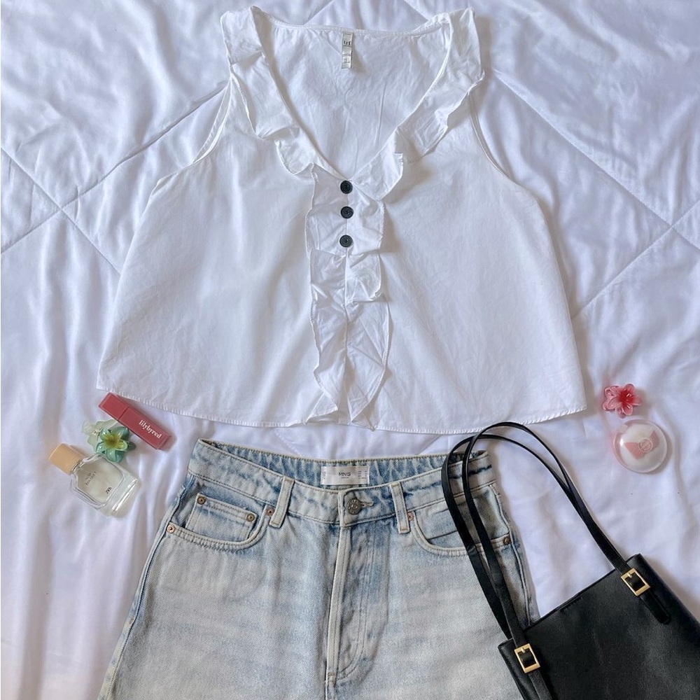 Zara Trf Cottage Core Frilled Sleeveless Top Ruffled V Neck Size XS